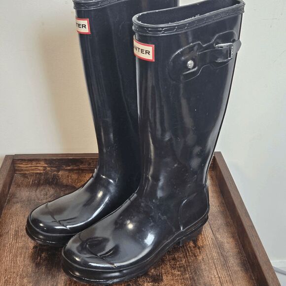 Hunter Original Tall Adjustable High Gloss Boots Rubber Rain Unisex Black Size 4 - Picture 2 of 7